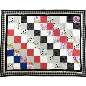 Handmade Patchwork Quilt 33.5x43” Baby Lap Blanket Dogs Llamas Checkered